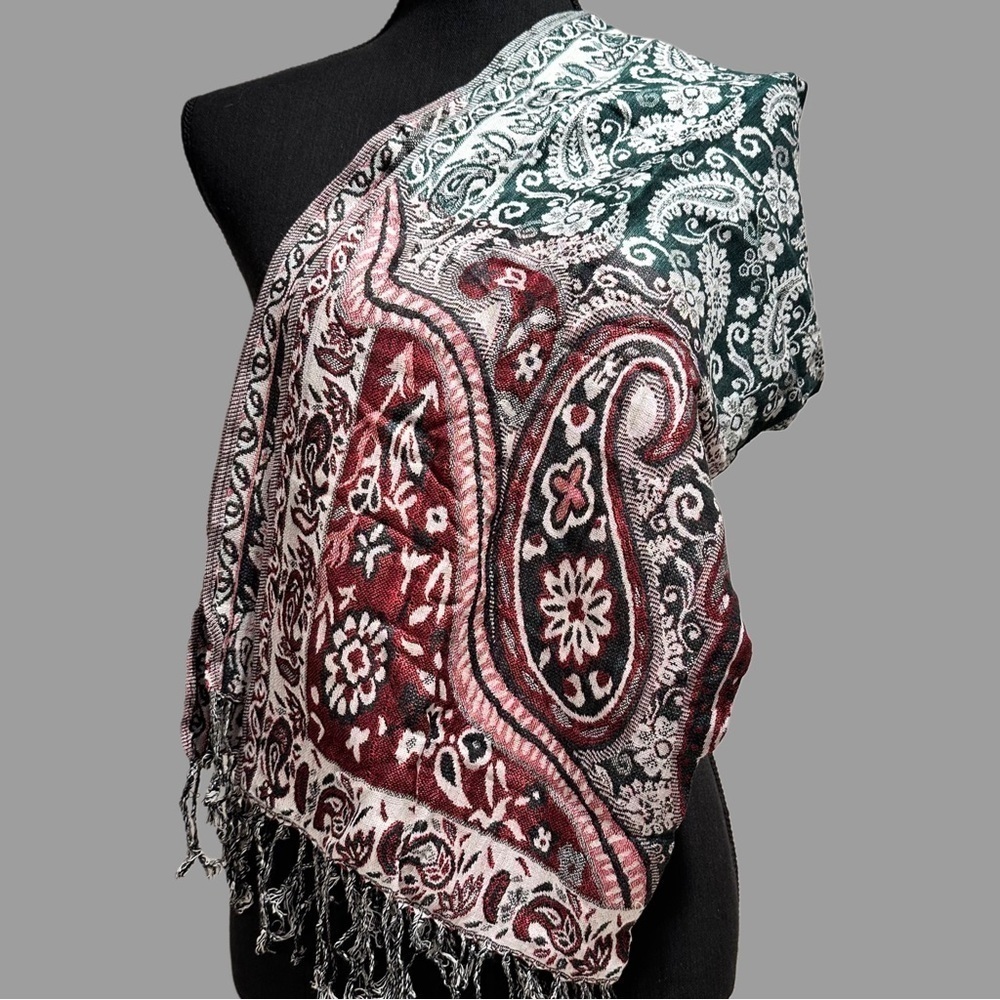 Elegant Shawl in Green & Red Paisley -Versatile Wrap, Scarf, or Veil, Soft Rayon - Picture 12 of 17